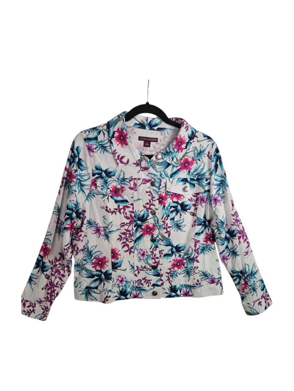 Jessica London Women's White Floral Print Jacket Linen Rayon Blend Size 12